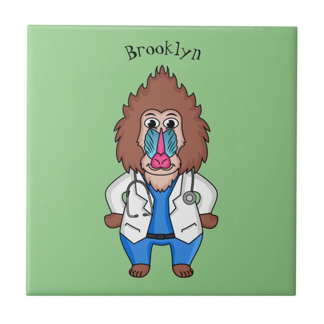 Funny mandrill doctor cartoon illustration tile (Front)