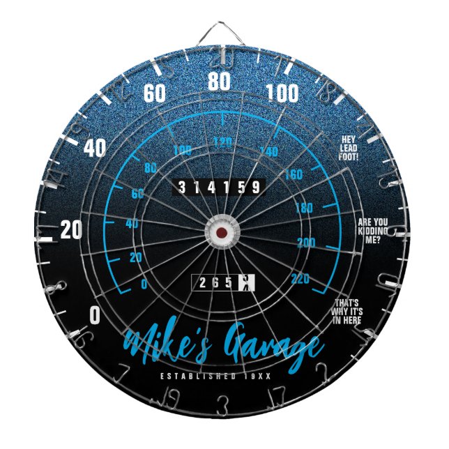 Funny Manly Car Odometer Speedometer Blue Glitter Dartboard (Front)