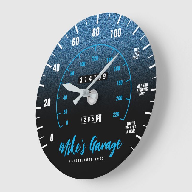 Funny Manly Car Odometer Speedometer Blue Glitter Large Clock (Angle)