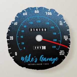 Funny Manly Car Odometer Speedometer Blue Glitter Round Cushion