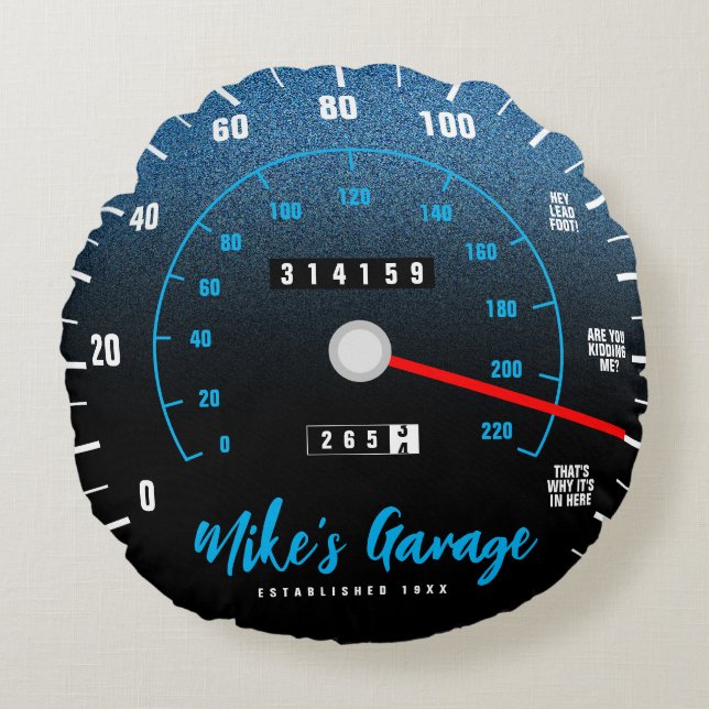 Funny Manly Car Odometer Speedometer Blue Glitter Round Cushion (Front)