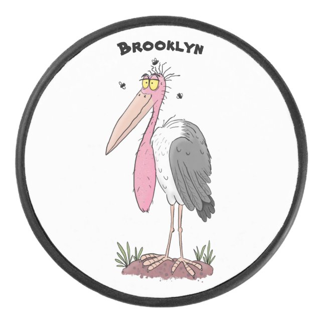 Funny marabou stork cartoon hockey puck (Front)
