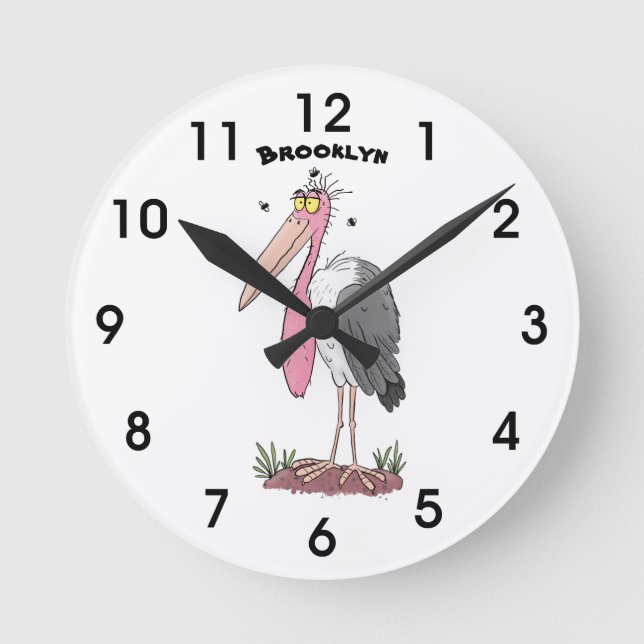 Funny marabou stork cartoon round clock (Front)