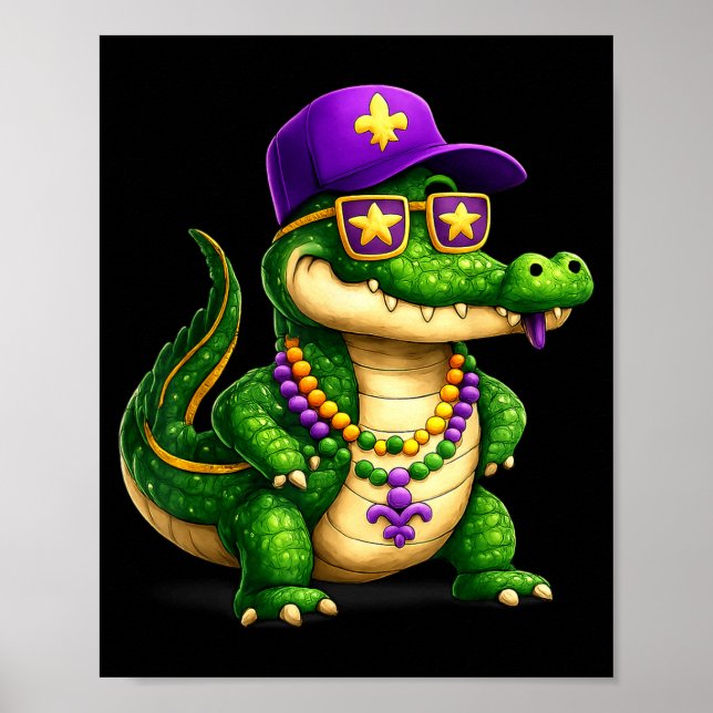 Funny Mardi Gras Alligator Beads Carnival Celebrat Poster (Front)