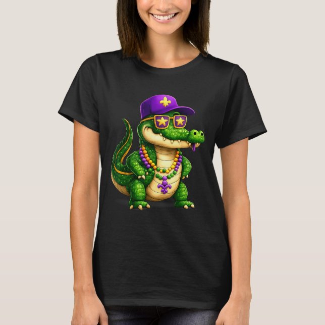Funny Mardi Gras Alligator Beads Carnival Celebrat T-Shirt (Front)