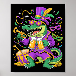 Funny Mardi Gras Alligator Drinking Bead Men Women Poster