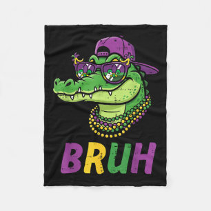 Funny Mardi Gras Alligator Face Bruh Fleece Blanket