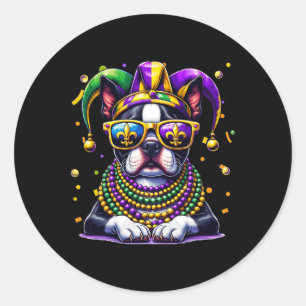 Funny Mardi Gras Bead Boston Terrier Dog Festival Classic Round Sticker