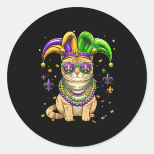 Funny mardi gras bead cat festival carnival  classic round sticker