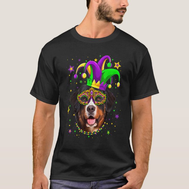 Funny Mardi Gras Bernese Mountain Dog Beads Mask M T-Shirt (Front)
