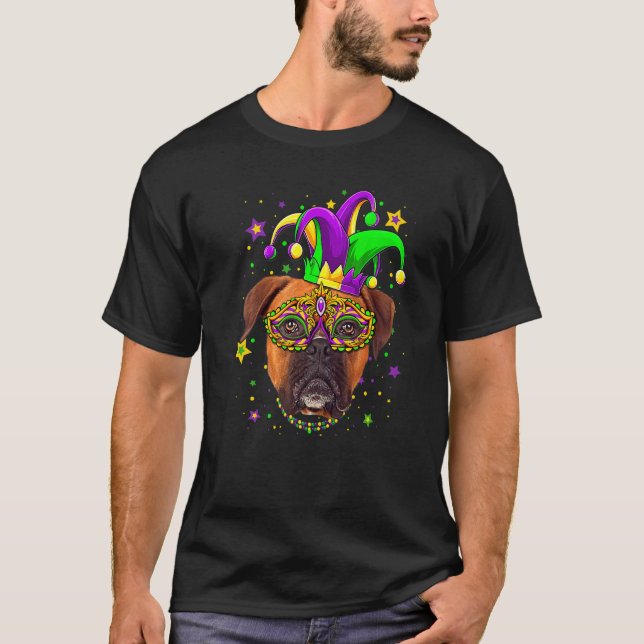 Funny Mardi Gras Boxer Dog Beads Mask Mardi Gras P T-Shirt (Front)