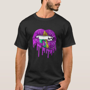 Funny Mardi Gras Carnival Purple Gold Lips Dripped T-Shirt