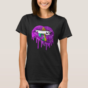 Funny Mardi Gras Carnival Purple Gold Lips Dripped T-Shirt