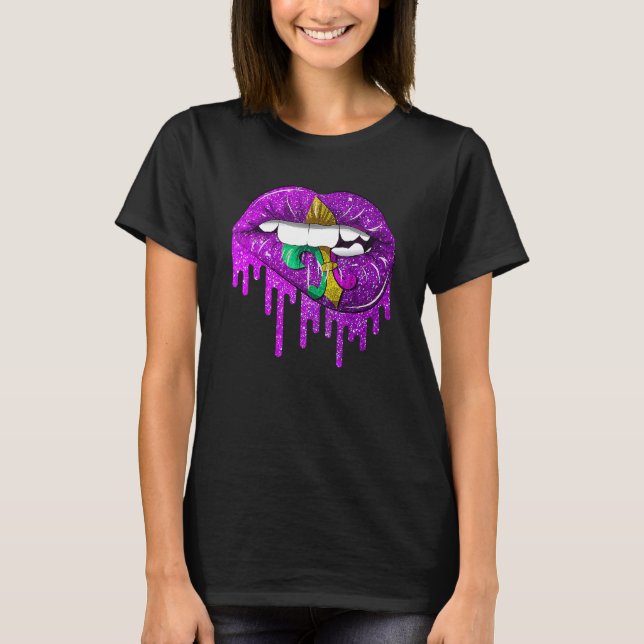 Funny Mardi Gras Carnival Purple Gold Lips Dripped T-Shirt (Front)