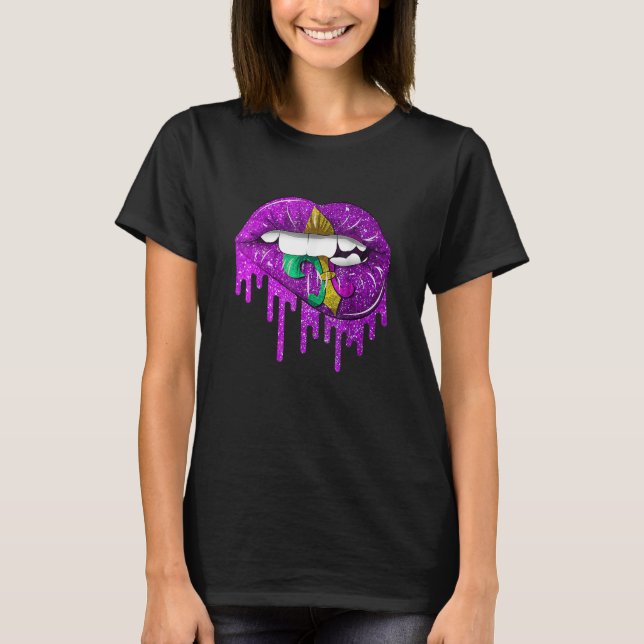 Funny Mardi Gras Carnival Purple Gold Lips Dripped T-Shirt (Front)