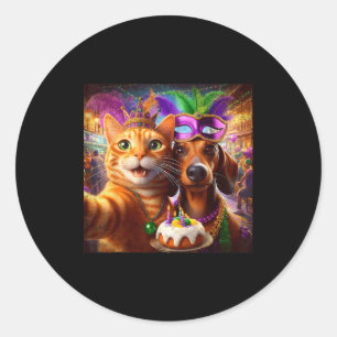 Funny Mardi Gras Cat Dachshund Selfie Squad Classic Round Sticker