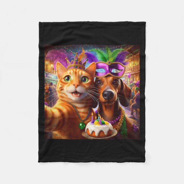 Funny Mardi Gras Cat Dachshund Selfie Squad  Fleece Blanket (Front)