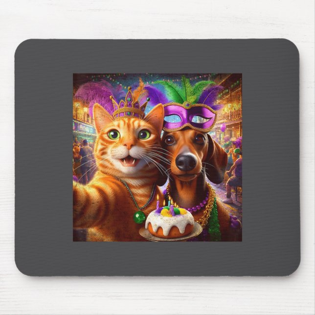 Funny Mardi Gras Cat Dachshund Selfie Squad  Mouse Mat (Front)
