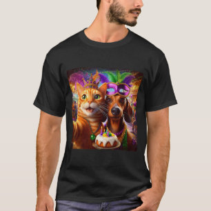 Funny Mardi Gras Cat Dachshund Selfie Squad  T-Shirt