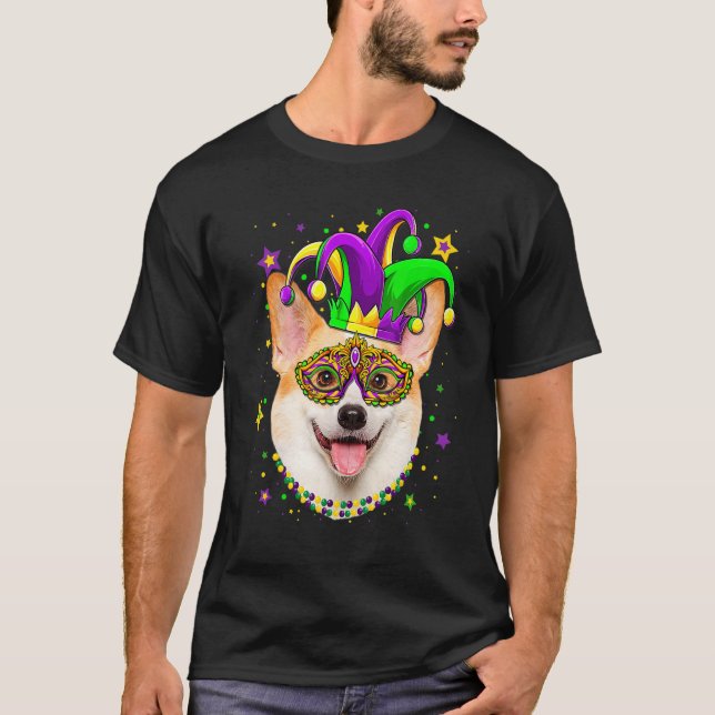 Funny Mardi Gras Corgi Dog Beads Mask Mardi Gras T-Shirt (Front)
