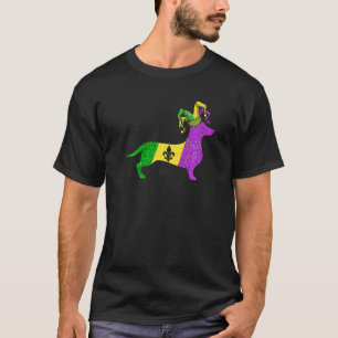 Funny Mardi Gras Dachshund Dog Mardi Gras Hat Bead T-Shirt