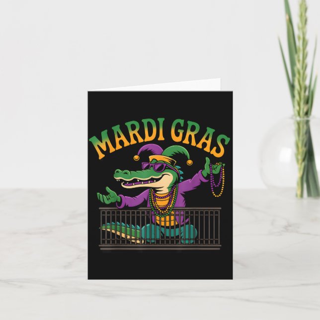Funny Mardi Gras Gator New Orleans Party Squad Bea Card (Front)