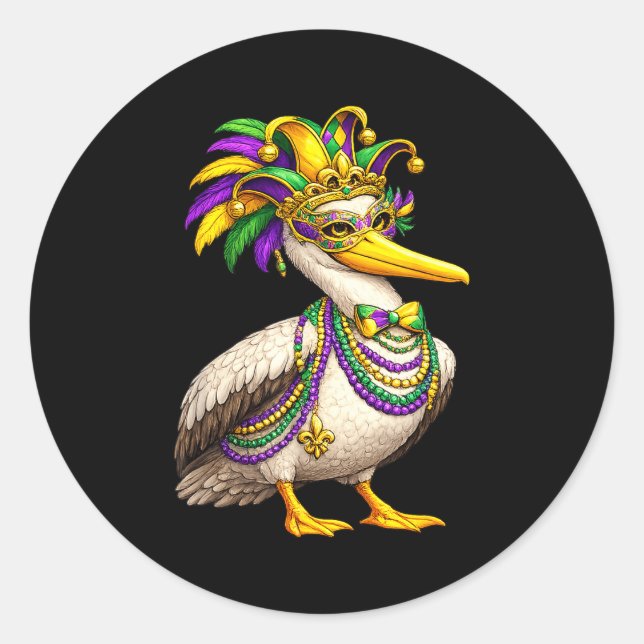 Funny Mardi Gras Pelican  Classic Round Sticker (Front)