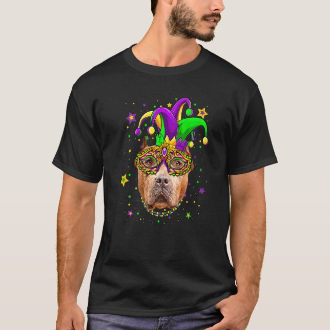 Funny Mardi Gras Pitbull Dog Beads Mask Mardi Gras T-Shirt (Front)