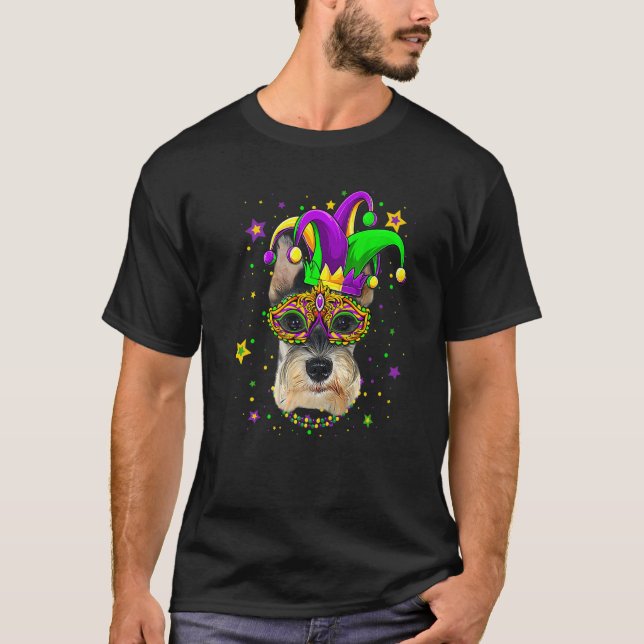 Funny Mardi Gras Schnauzer Dog Beads Mask Mardi Gr T-Shirt (Front)