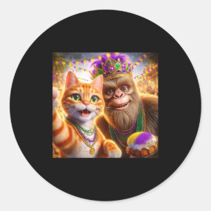 Funny Mardi Gras Selfie Cat Bigfoot Quote _1 Classic Round Sticker