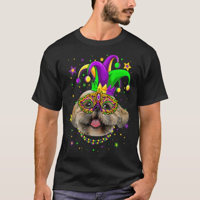 Funny Mardi Gras Shih Tzu Dog Beads Mask Mardi Gra T-Shirt (Front)