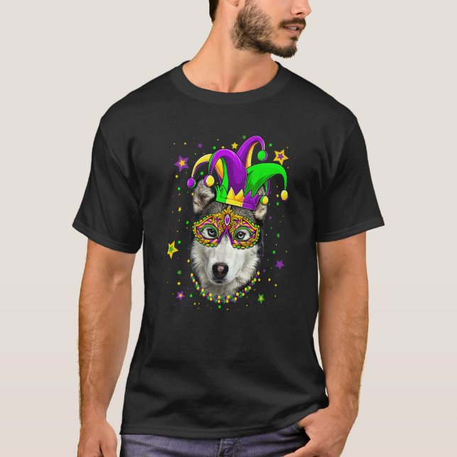 Funny Mardi Gras Siberian Husky Dog Beads Mask Mar T-Shirt (Front)