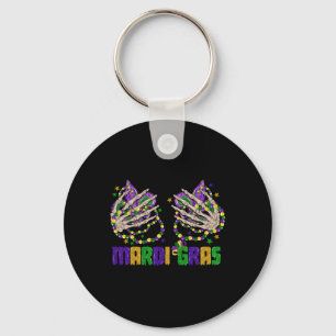 Funny Mardi Gras Skeleton Hands With Beads And Fle Key Ring