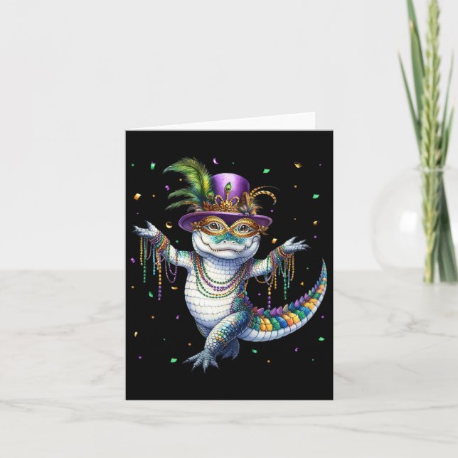 Funny Mardigator Mardi Gras Alligator Dancing Carn Card (Front)