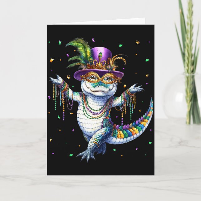 Funny Mardigator Mardi Gras Alligator Dancing Carn Card (Front)