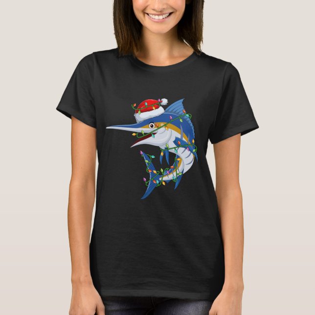Funny Marlin Fish Lover Xmas Santa Hat Marlin Chri T-Shirt (Front)