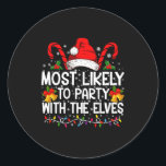 Funny Matching Christmas Most Likely To Party  Classic Round Sticker<br><div class="desc">Funny Matching Christmas Most Likely To Party</div>