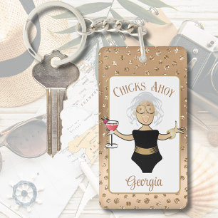 Funny Mature Ethnic Woman Cartoon Cruise Tropical Key Ring