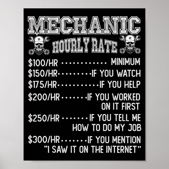 Funny Mechanic Hourly Rate Joke Design  Poster (Front)