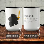 Funny Meeple Star Review Sword Board Game Two-Tone Coffee Mug<br><div class="desc">A fun gift for the board game addict in your life! A bad review for the poor little wooden meeple, I guess this reviewer thought that the Meeple was something to eat. This mug is quirky, modern and simple, in colors of black and white with a shot of yellow. Drinking...</div>