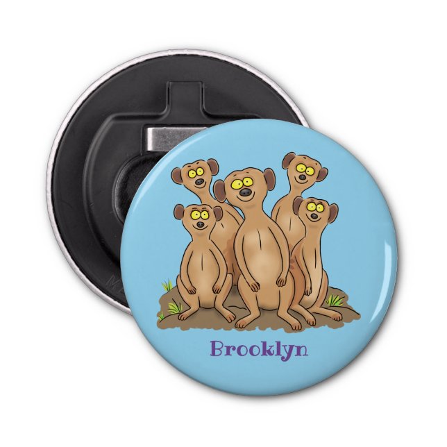 Funny meerkat family cartoon illustration bottle opener (Front)