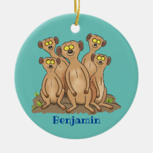 Funny meerkat family cartoon illustration ceramic tree decoration