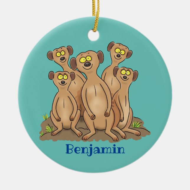 Funny meerkat family cartoon illustration ceramic tree decoration (Front)