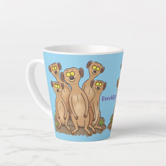 Funny meerkat family cartoon illustration latte mug (Left Angle)