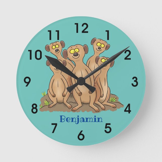 Funny meerkat family cartoon illustration round clock (Front)
