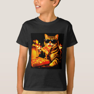 Funny meme cat meme with sunglasses eat pizza T-Shirt