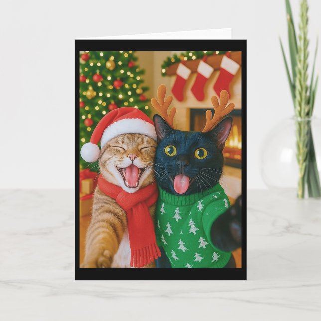 Funny Meme Cat Taking A Selfie Christmas Xmas Ligh Card (Front)