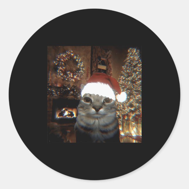 Funny Meme Cat Taking A Selfie Christmas Xmas Ligh Classic Round Sticker (Front)