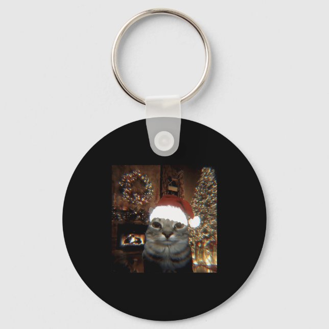 Funny Meme Cat Taking A Selfie Christmas Xmas Ligh Key Ring (Front)