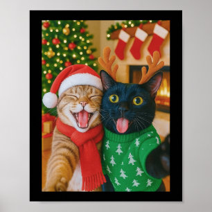 Funny Meme Cat Taking A Selfie Christmas Xmas Ligh Poster